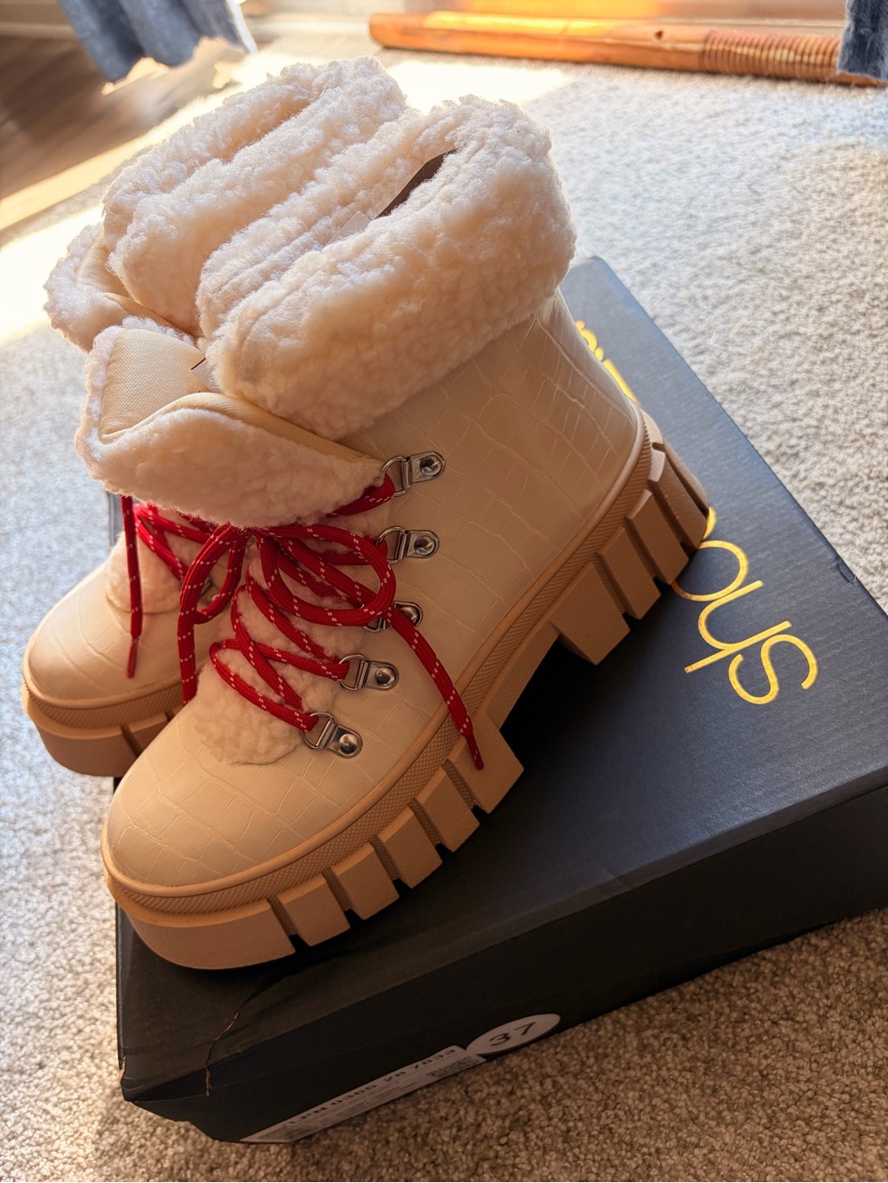 Shoe Dazzle Cream Faux-Shearling Lug Boots with Red Laces